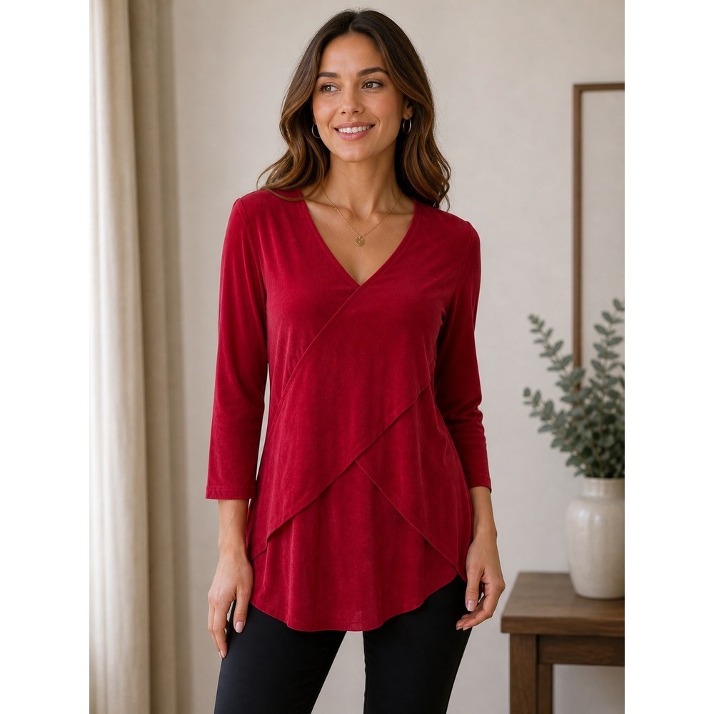 Chicos Travelers Red Faux Wrap Tunic V-Neck 3/4 Sleeve Top Size 0 Small